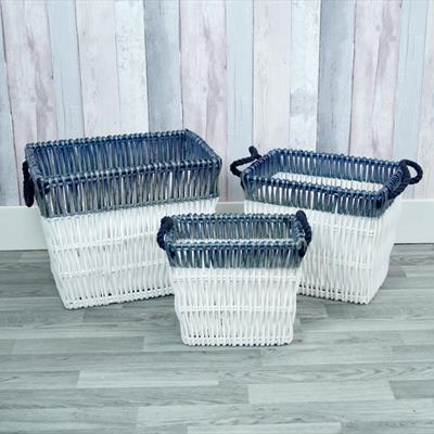 Set of 3 White and blue wicker baskets