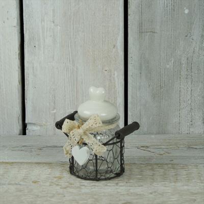 Glass jar with ceramic lids, decorated with lace and hearts