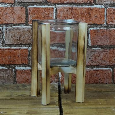 Glass candle holder with wooden frame