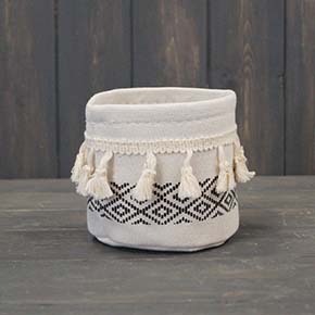 Small Cylinder White and Black Cotton Planter with Tassels (10cm)