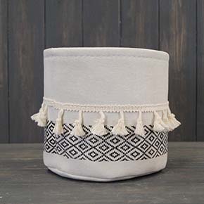 Large Cylinder White and Black Cotton Planter with Tassels (18cm)