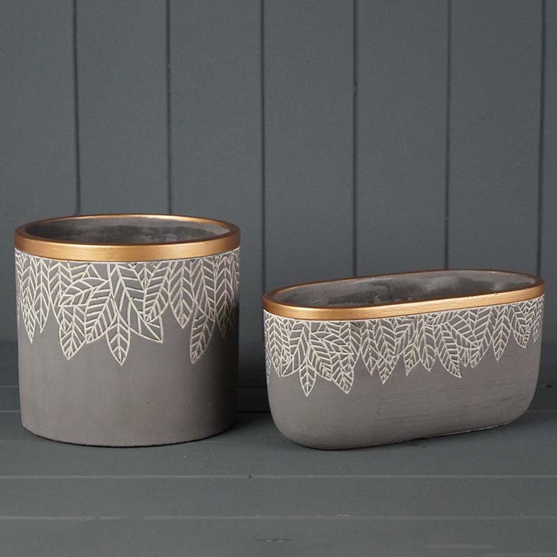 Two Ceramic Grey Planters with a Gold Lining