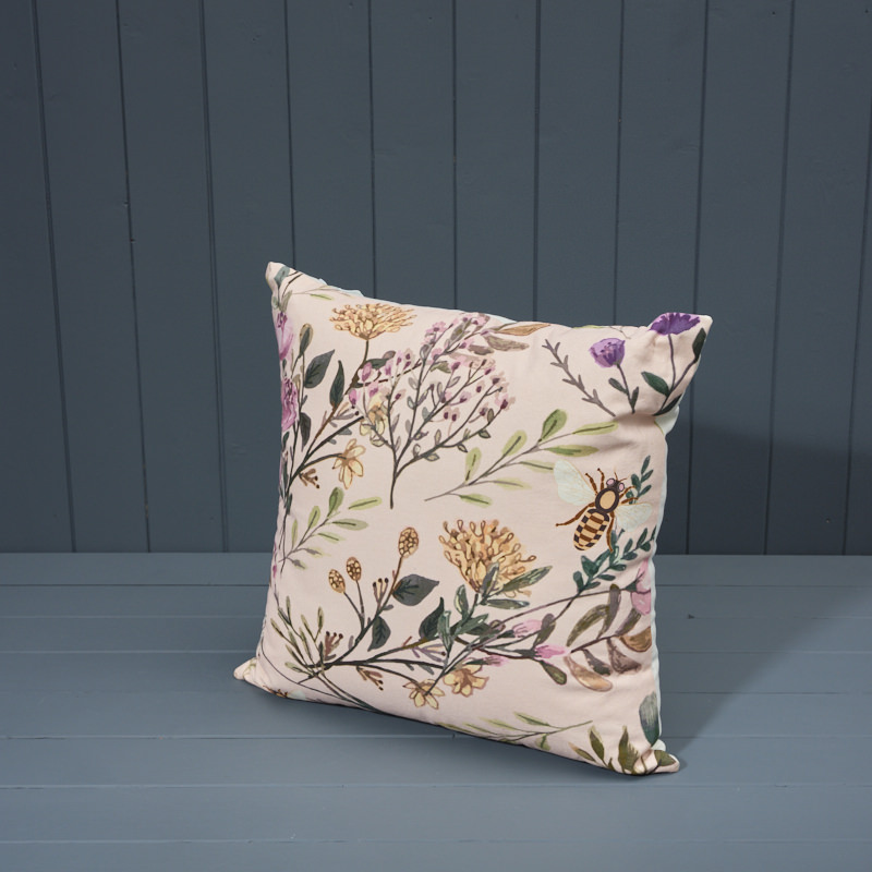 Yellow and Purple Meadow and Bee Floral Cotton Cushion