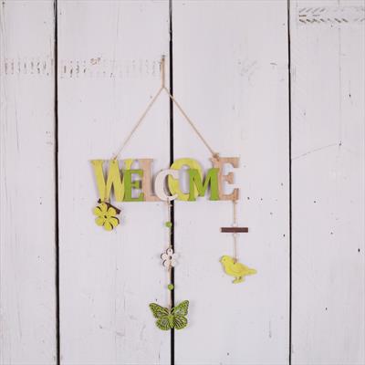 Green, yellow and white detailed hanging Welcome Sign with butterfly and flower accessories detail page