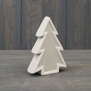 Grey ceramic Christmas tree with white edging available in two sizes and in red. This Christmas decoration is 14.4 cm tall and 10.4 cm wide. detail page