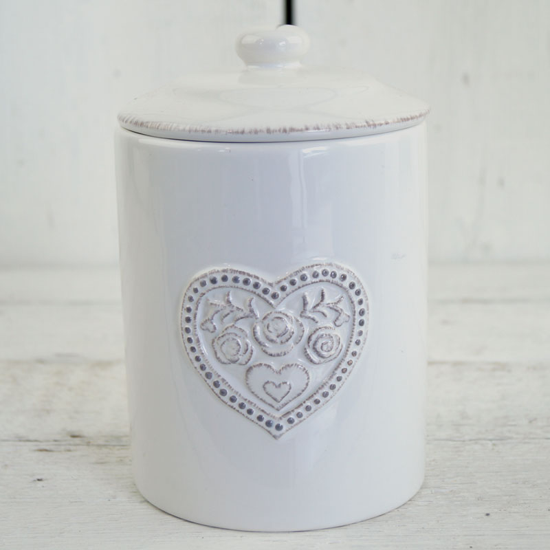 White Ceramic Storage Jar with Floral Heart Detail detail page