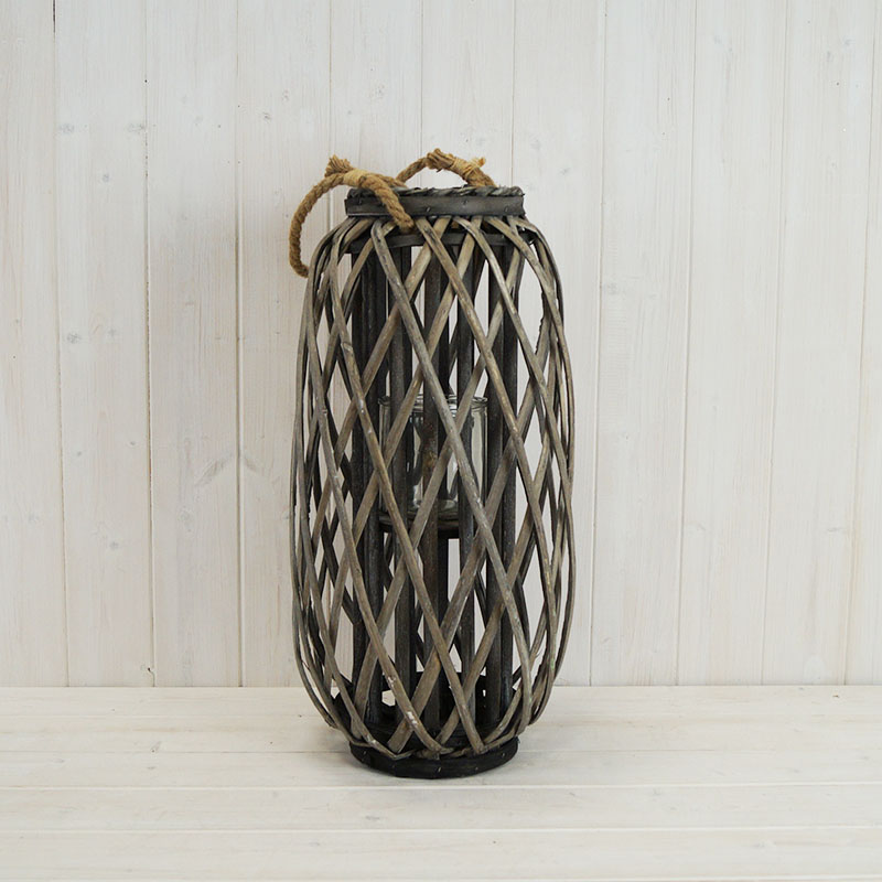 Gorgeous grey split willow lantern with rope handle. Perfect lantern for your home! detail page