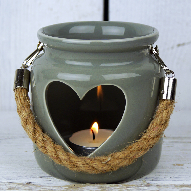 Grey Porcelain Tealight Holder with Rope Handle and Cut Out Heart detail page