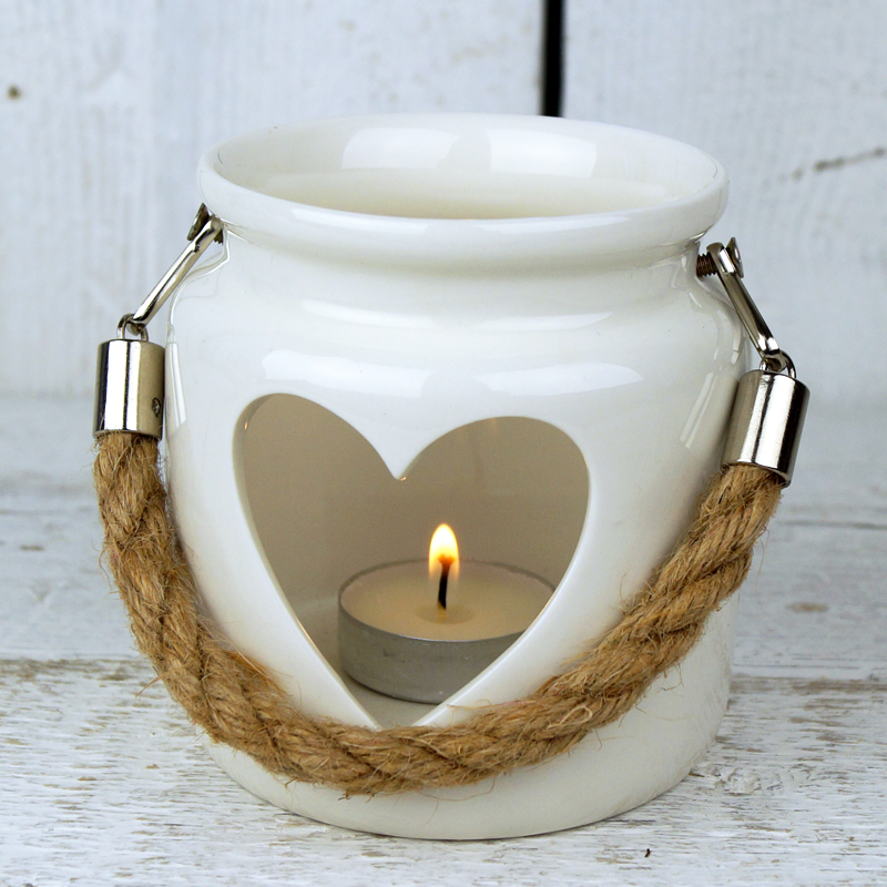 White Porcelain Tealight Holder with Rope Handle and Cut Out Heart detail page