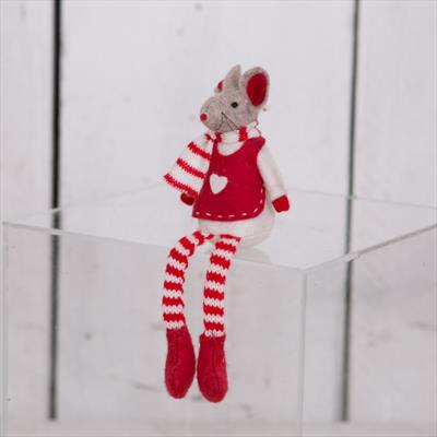Small Ornamental Textile Mouse with Red and White Clothing detail page