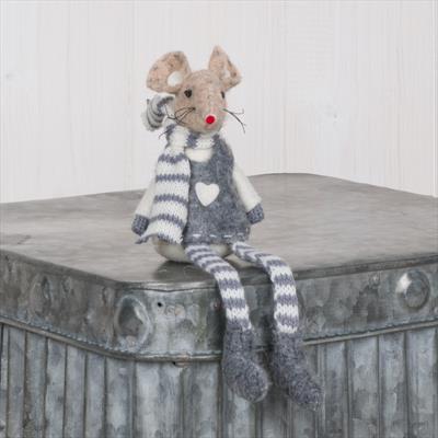 Small Ornamental Textile Mouse with Grey and White Clothing detail page