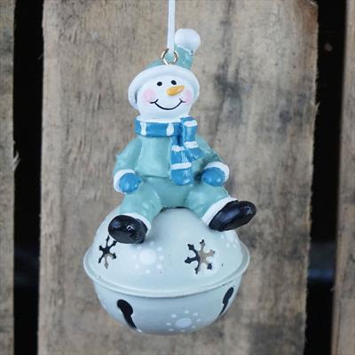 Blue Snowman Sat on a Bell Bauble detail page