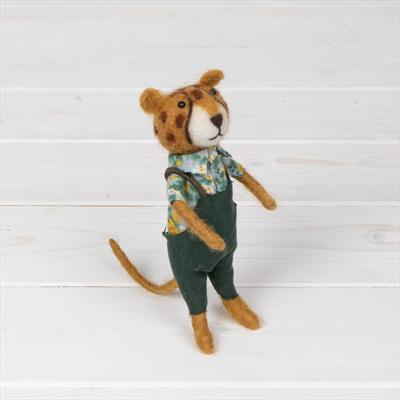 Wool Leopard in Green Dungarees 16 cm tall detail page