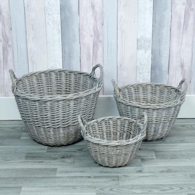 Set of 3 willow greywashed baskets detail page