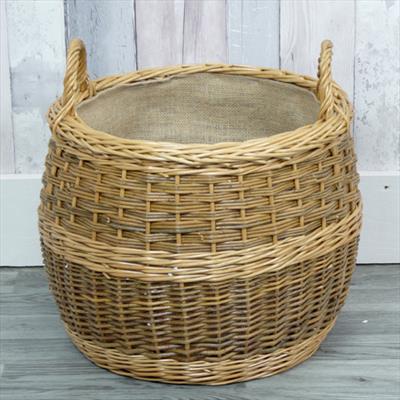 Unpeeled willow log basket with hessian liner detail page