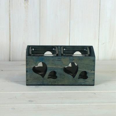 Double Turquoise Wooden Tealight Holder with Heart Decoration detail page