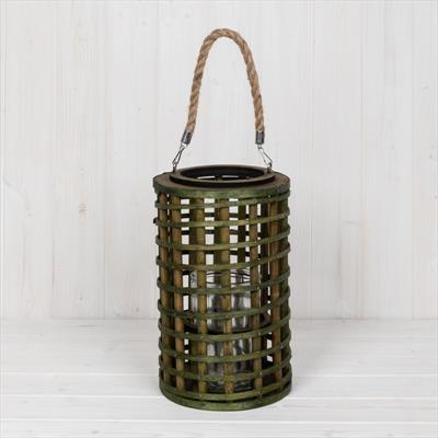 Large Dark Green Wicker Lantern with Rope Handle detail page