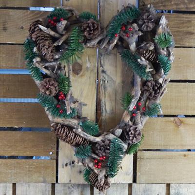 Twig Heart Wreath with Greenery and Pinecones detail page
