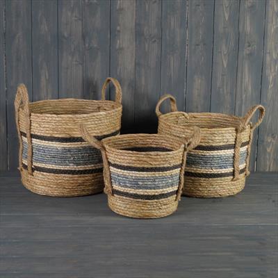 Set of Three Seagrass Storage Baksets Grey Band detail page