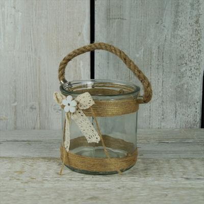 Romantic glass vase with rope handle and lace ribbon detail page