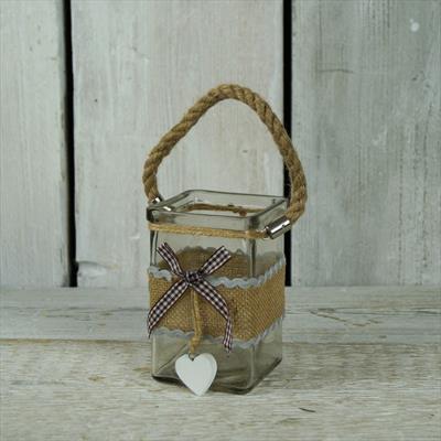 Romantic glass vase with rope handle and hessian and gingham ribbon detail page