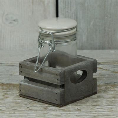 Pretty glass jars in wooden tray detail page