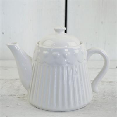 White Ribbed Ceramic Teapot with Repeat Heart Pattern detail page