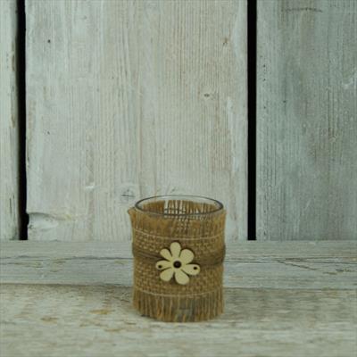 Glass Jar with Hessian or Jute Ribbon and Cream Wood Flower detail page