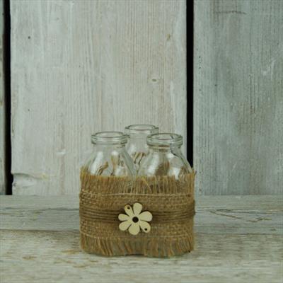 Trio of Bottles in Hessian Ribbon and Cream Wood Flower detail page