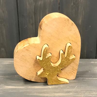 Small Wooden Heart Gold Leaf Reindeer detail page