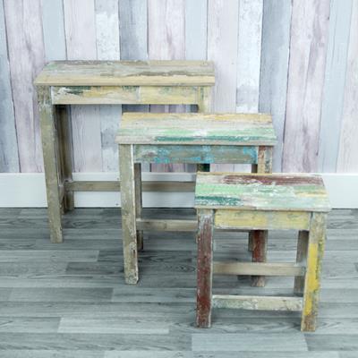 Set of 3 rectangular display tables with distressed paint effect detail page