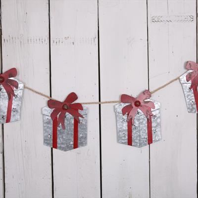 Metal Gift Box Garland with Silver Box and Red Bow at 137cm detail page