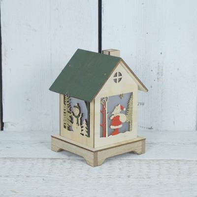 LED Lit Wooden House with Christmas Scene and Green Roof detail page