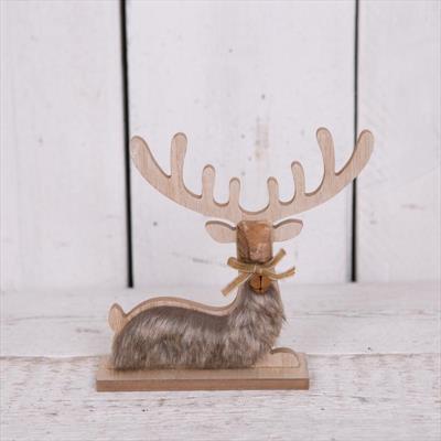 Small Wooden Sitting Reindeer with Faux Fur detail page