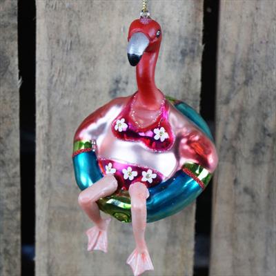 Pink and Blue Flamingo Glass Ornament detail page