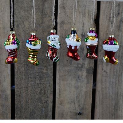 Box of Six Hanging Glass Xmas Stocking Ornaments detail page