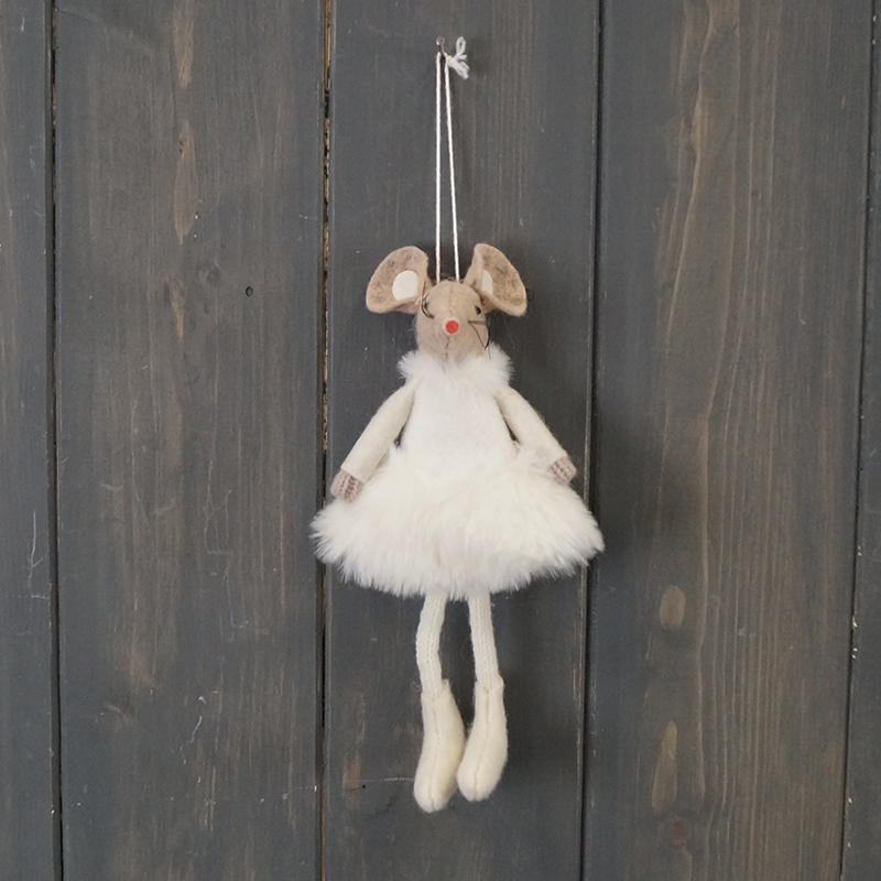 White Fabric Hanging Mouse with Skirt (15cm)