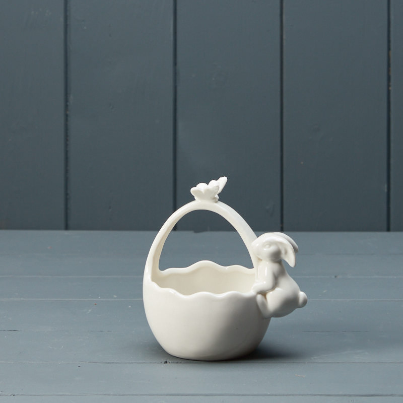 Ceramic White Posy Basket with Rabbit (12cm) detail page