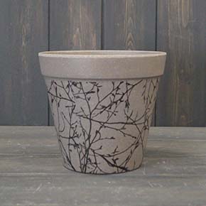 Earthy Warm Grey Straw Flower Pot With Silhouette Branch Design (15cm)
