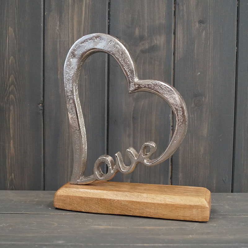 Small Angled Aluminum Heart on Wooden Base detail page