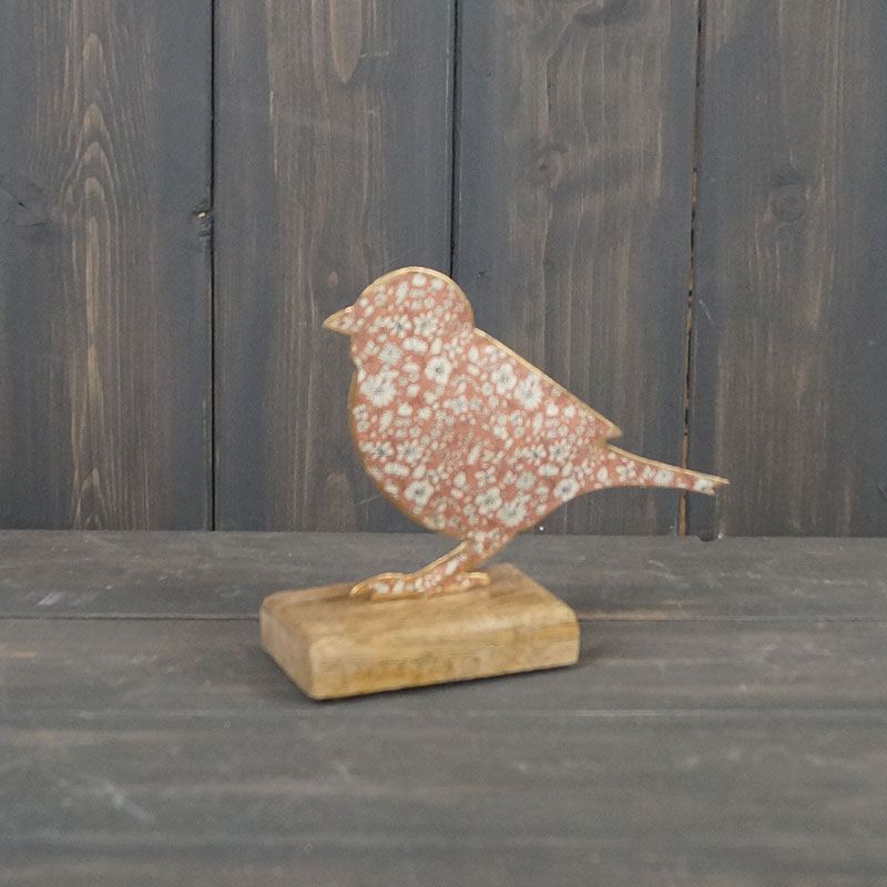 Pink Metal Bird on Wooden Base (15cm)