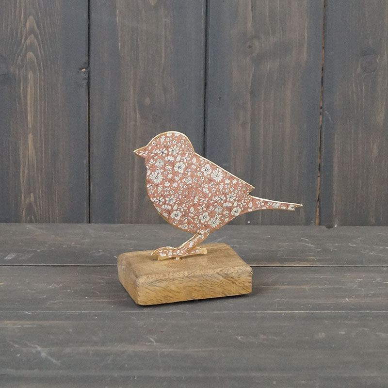 Pink Metal Bird on Wooden Base (12cm)