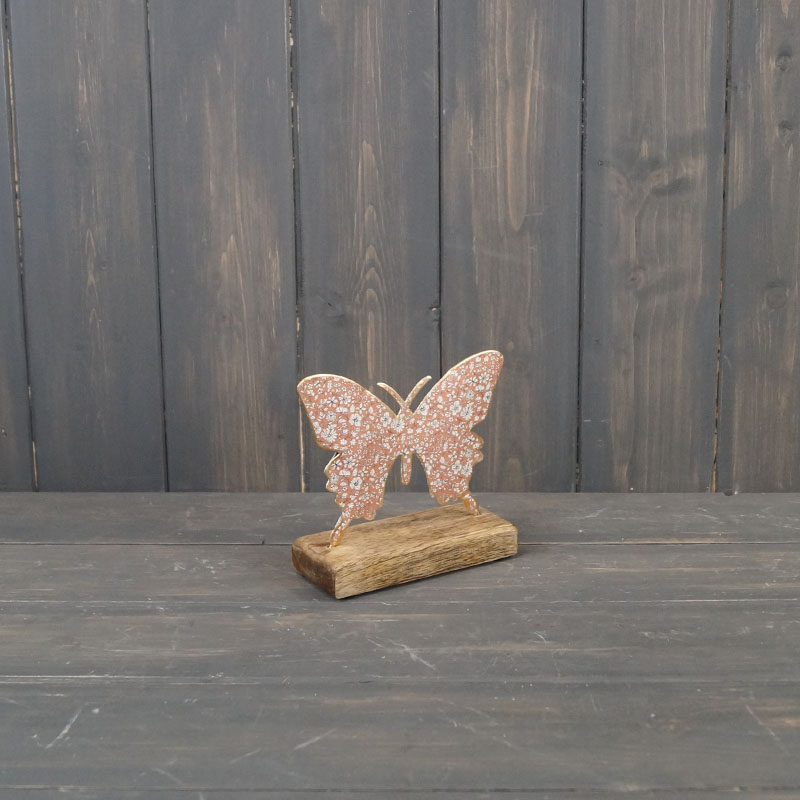 Medium Pink Metal Butterfly on Wooden Base