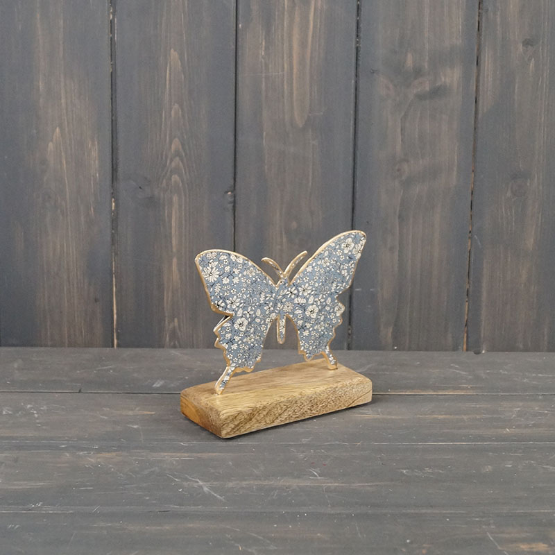 Medium Blue Metal Butterfly on Wooden Base