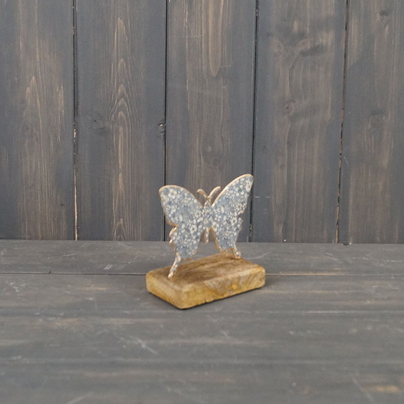 Small Blue Metal Butterfly on Wooden Base