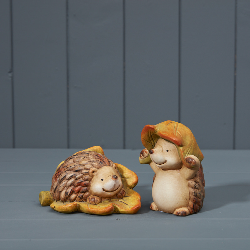 Set of two Ceramic Hedgehogs with Autumnal Leaves