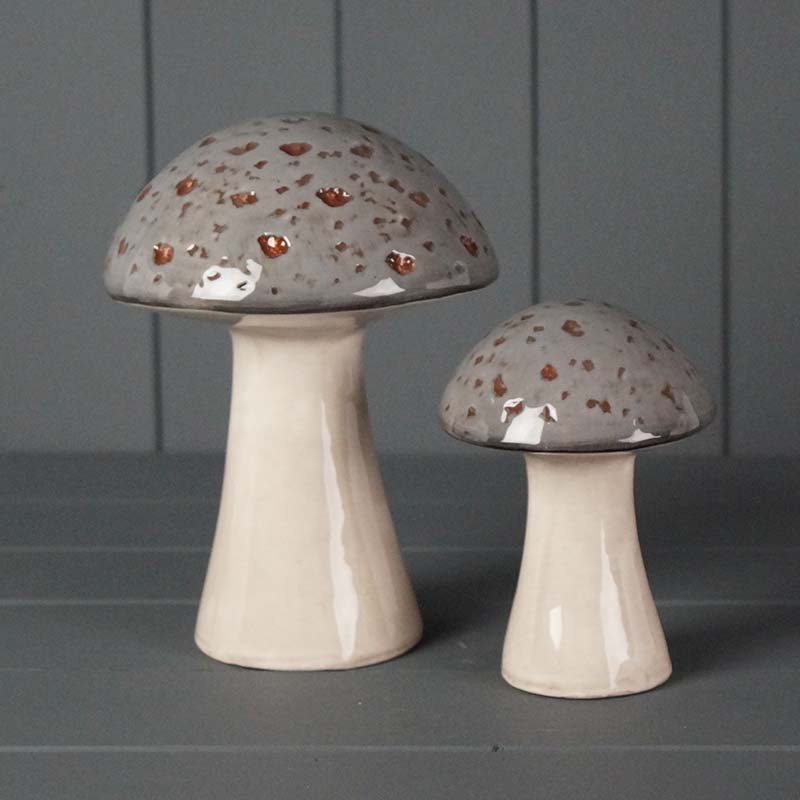 Two Ceramic Grey Mushroom Ornaments