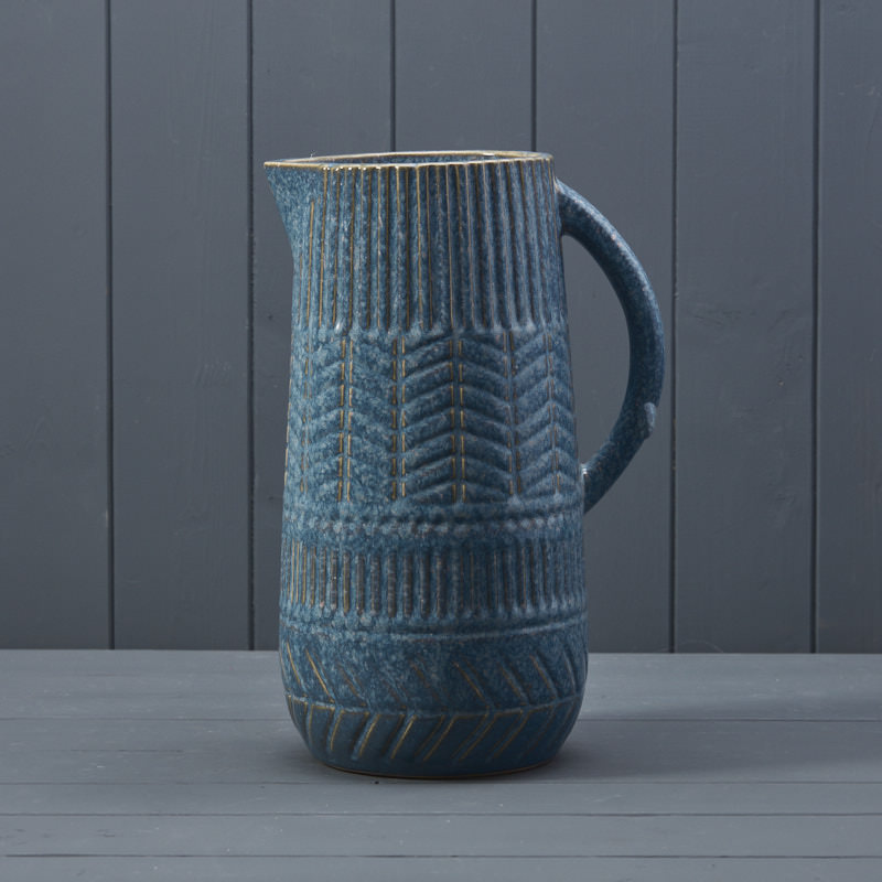 Mid Blue Ceramic Jug with Pattern