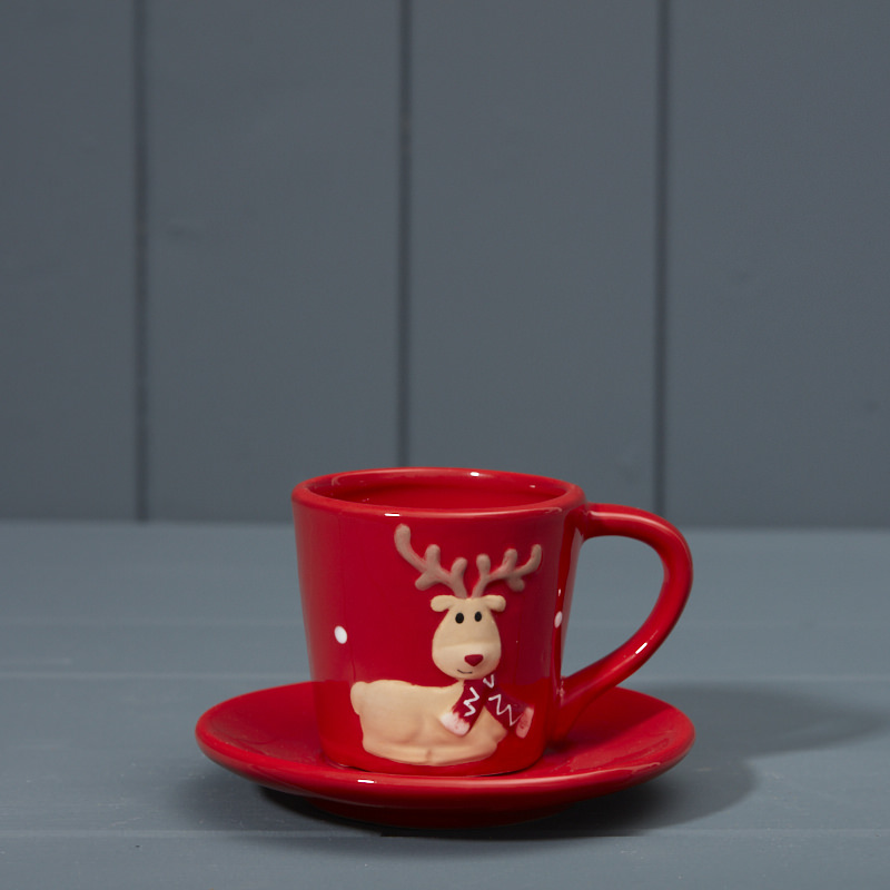 Red Ceramic Reindeer Mug and saucer