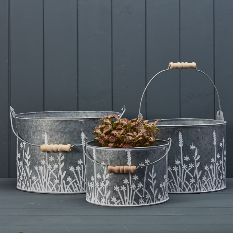 Set of Three Zinc Meadow Buckets detail page